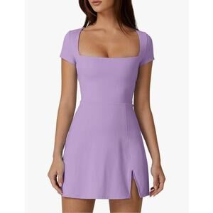 Tennis Dress for Women Square Neck Short Sleeve Skort w/ Pocket, Large, Lavender